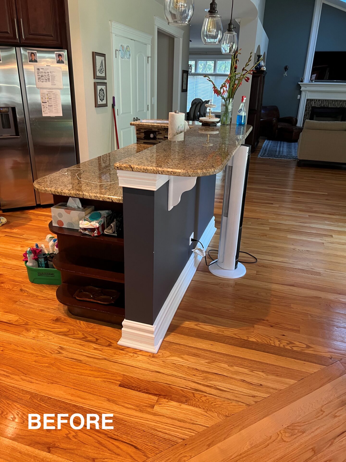 Before kitchen, two-tiered kitchen island