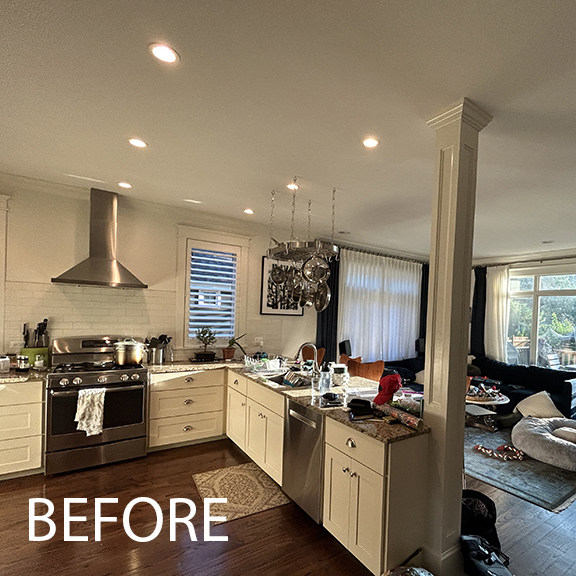 Before kitchen, white peninsula, structural column, family room, stainless steel hood