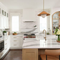 White kitchen with alder wood island, backsplash shelf above range, paneled refrigerator