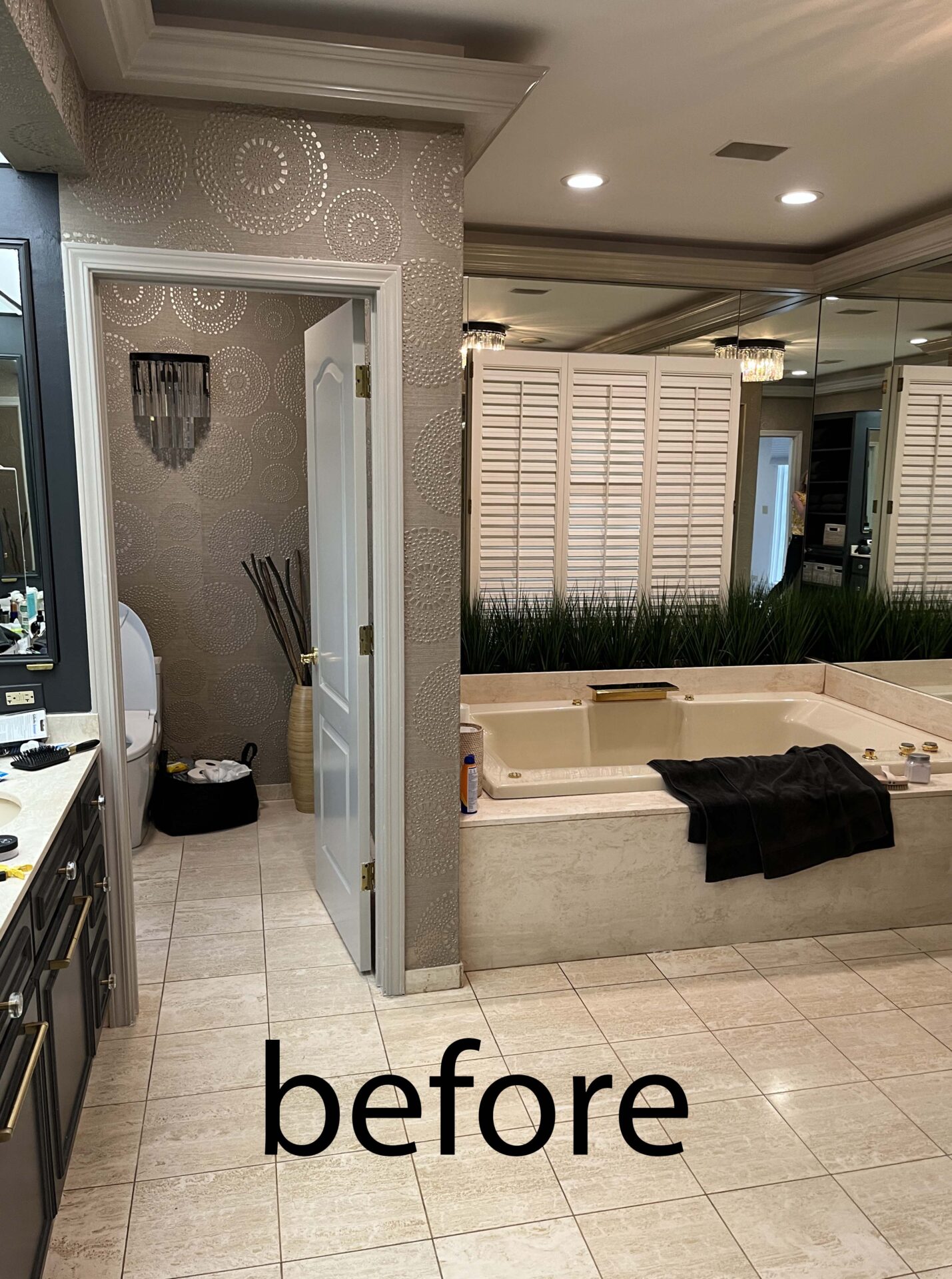 Before photo showing large tub deck, toilet room water closet