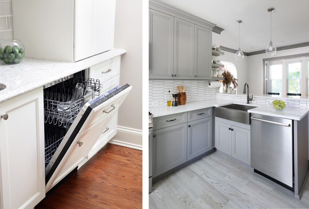 Left photo shows a paneled dishwasher half open, on the right is a wide shot of a stainless dishwasher and farmhouse sink