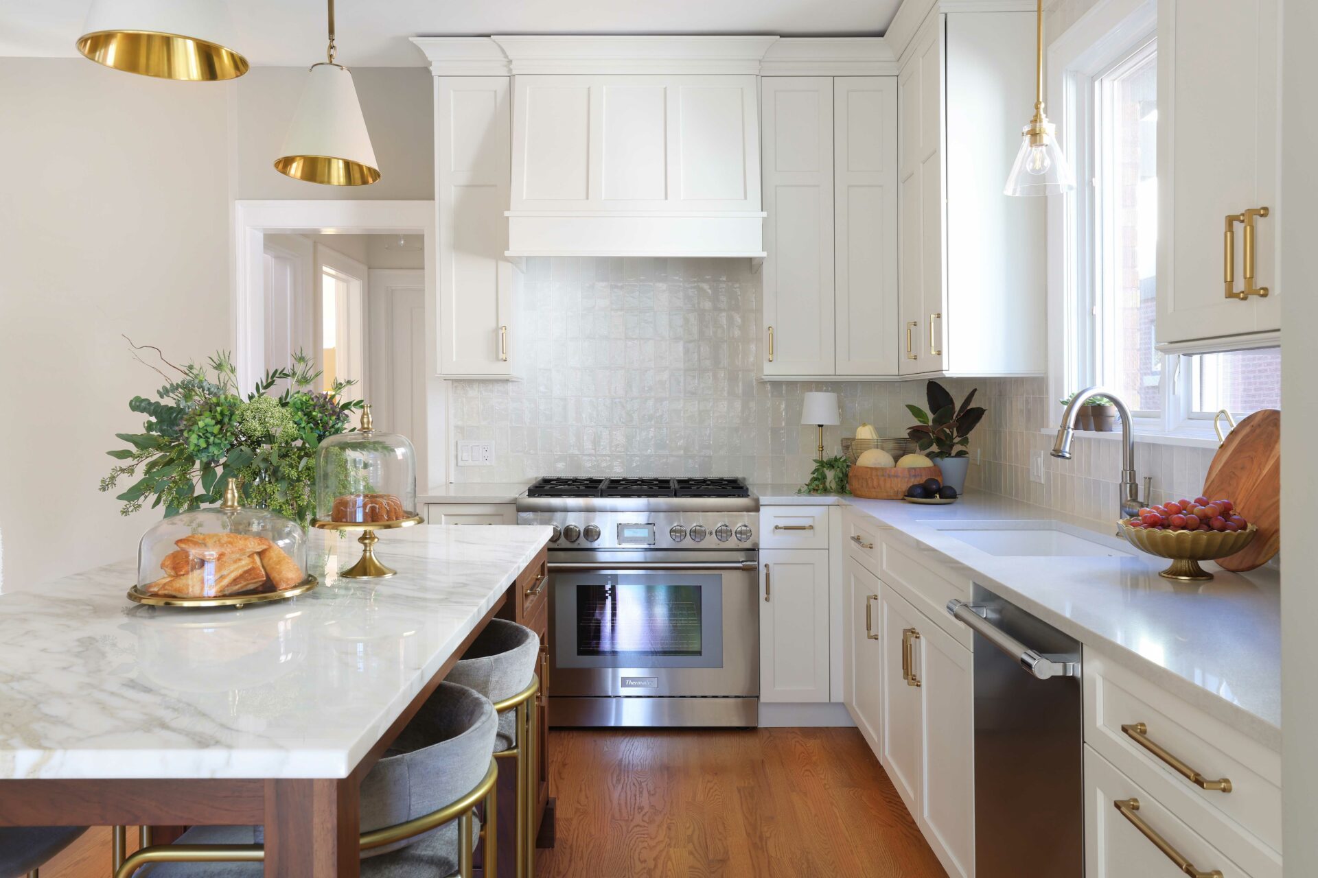 Soft white kitchen with stained island
