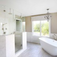 walk in shower, free standing tub, chandelier in master bathroom