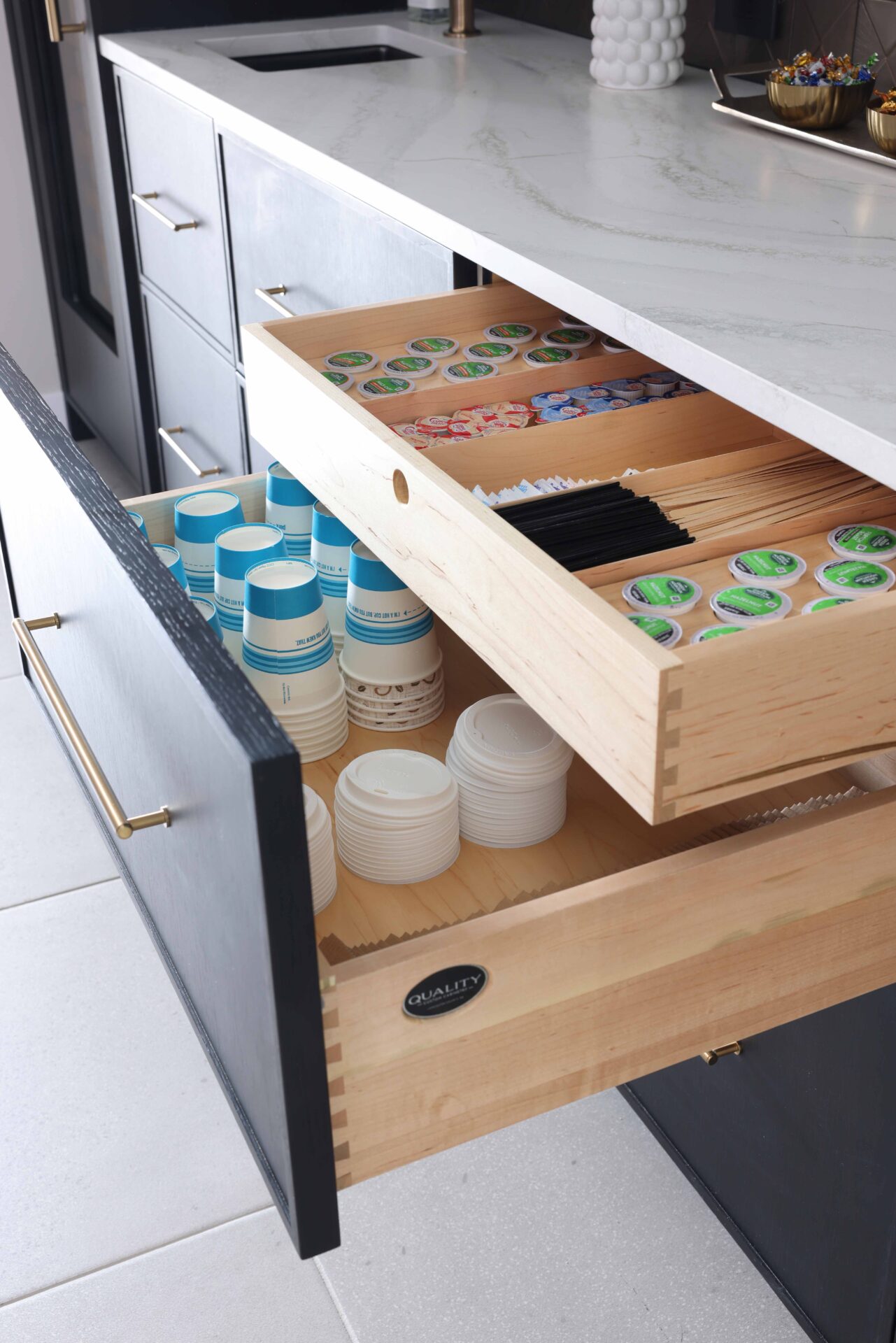 Drawer organization and storage for coffee bar