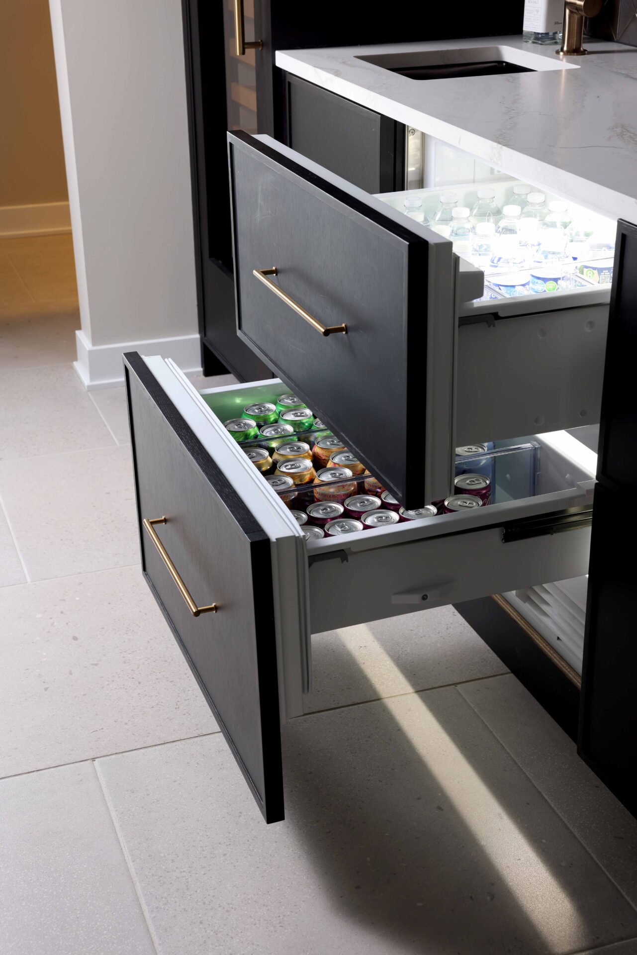 Double dual refrigerator drawers, stained rift cut white oak cabinets