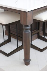 Cherry island with furniture style leg, tile rug, qhite quartz countertop