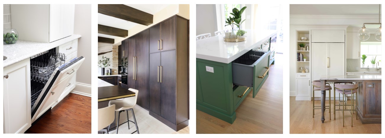 Hidden appliances that are covered in cabinetry panels including a dishwasher, refrigerator and freezer