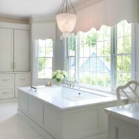 undermount bathtub with deck and grab bars in elegant traditional bathroom