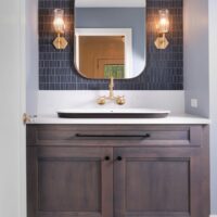 powder room with blue backsplash tile
