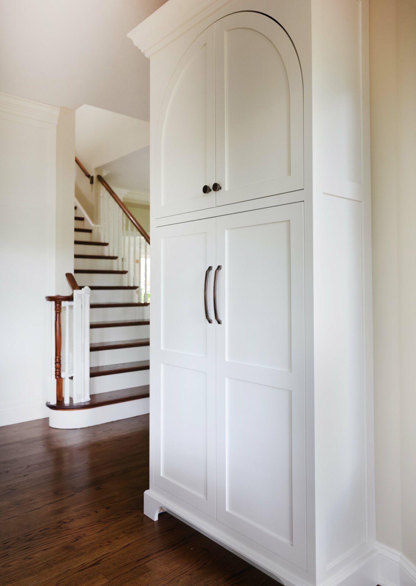 winter white pantry cabinet in the kitchen