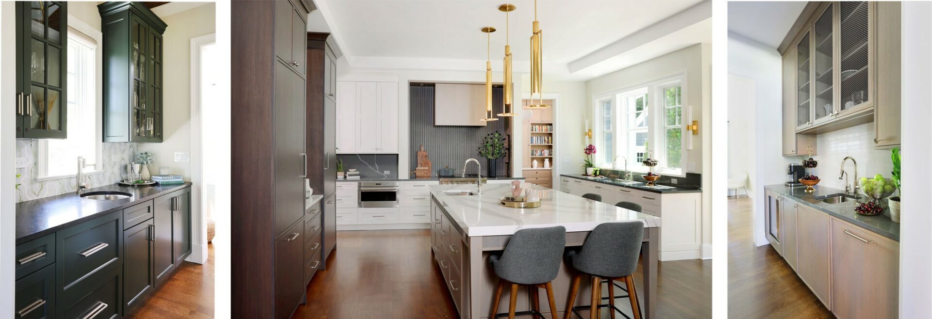 Left photo shows wet bar with dark wood finishes, middle photo shows wide shot of kitchen with island in center with chairs and gold light fixtures, right photo shows butler's pantry with light stained white oak cabinetry