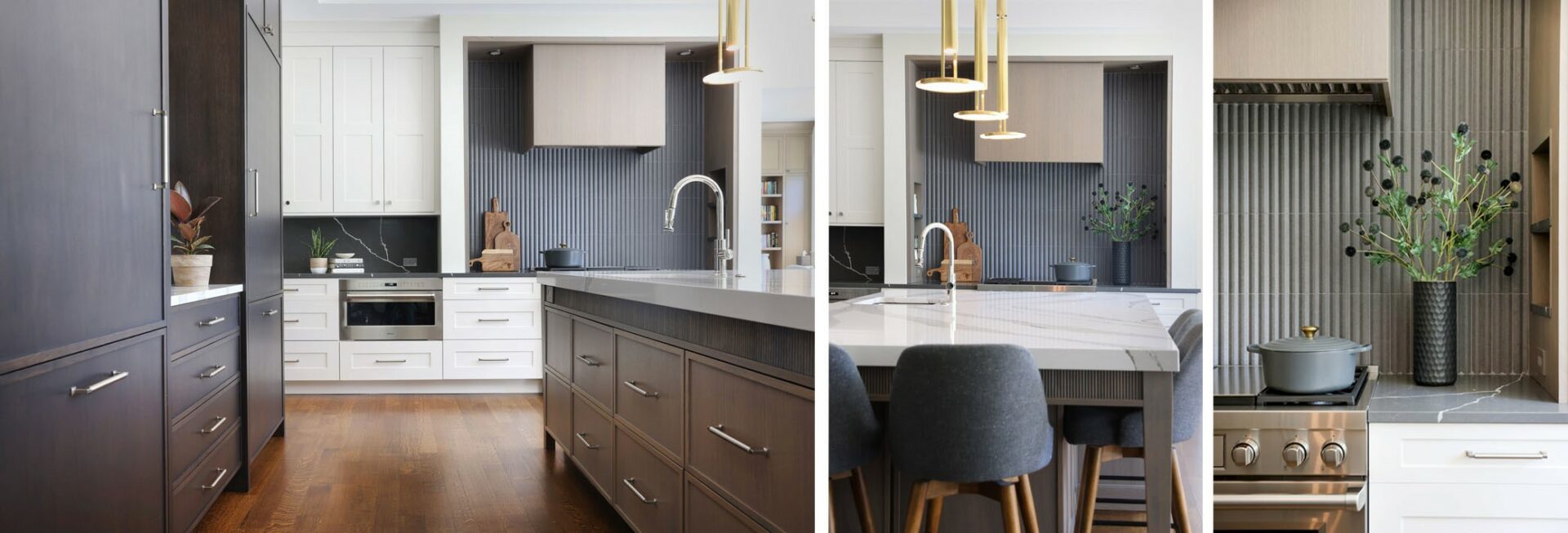 Collage with left photo showing mid angle of kitchen with paneled dual fridges to the left and under-counter microwave straight ahead, middle photo is a straight on shot of the white counter island with three gold light fixtures above and the white oak range hood in the background, right photo is a close-up of the rift cut white oak range hood and ribbed backsplash