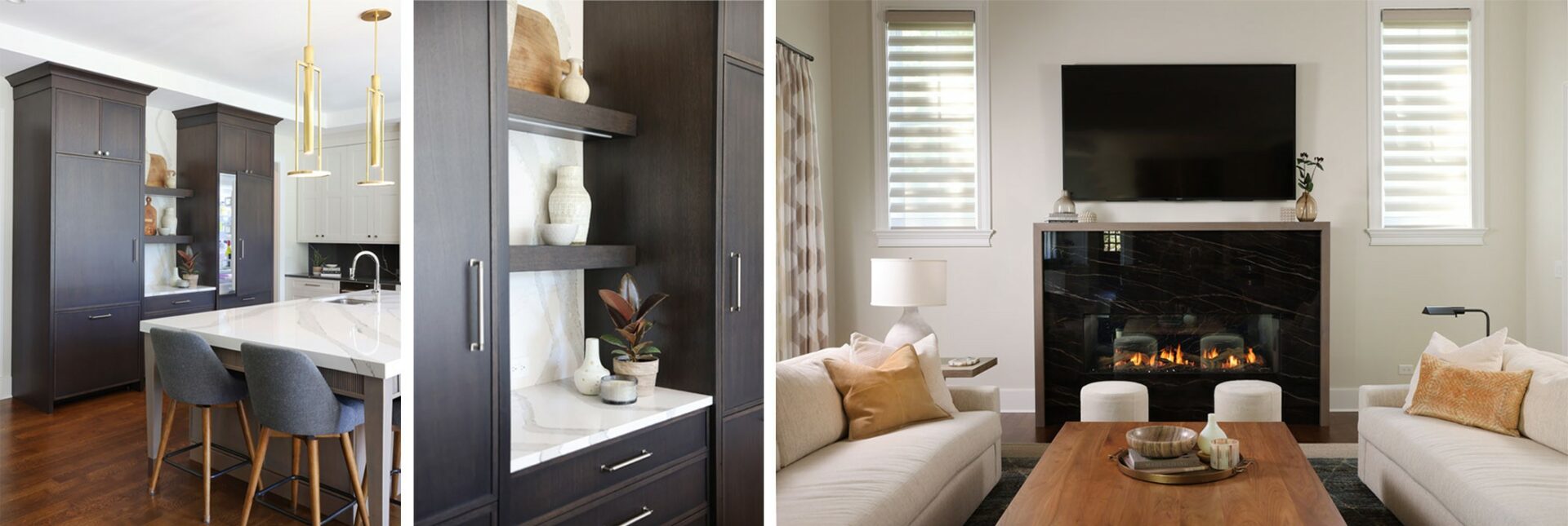 Collage with left photo showing a mid range shot of dark paneled dual fridges with white countertop island and stools in the foreground, middle photo is a close-up of the dark wood floating shelves between the two fridges with a white backsplash and the right photo shows the connected living area with two white couches and a fireplace with a TV over it