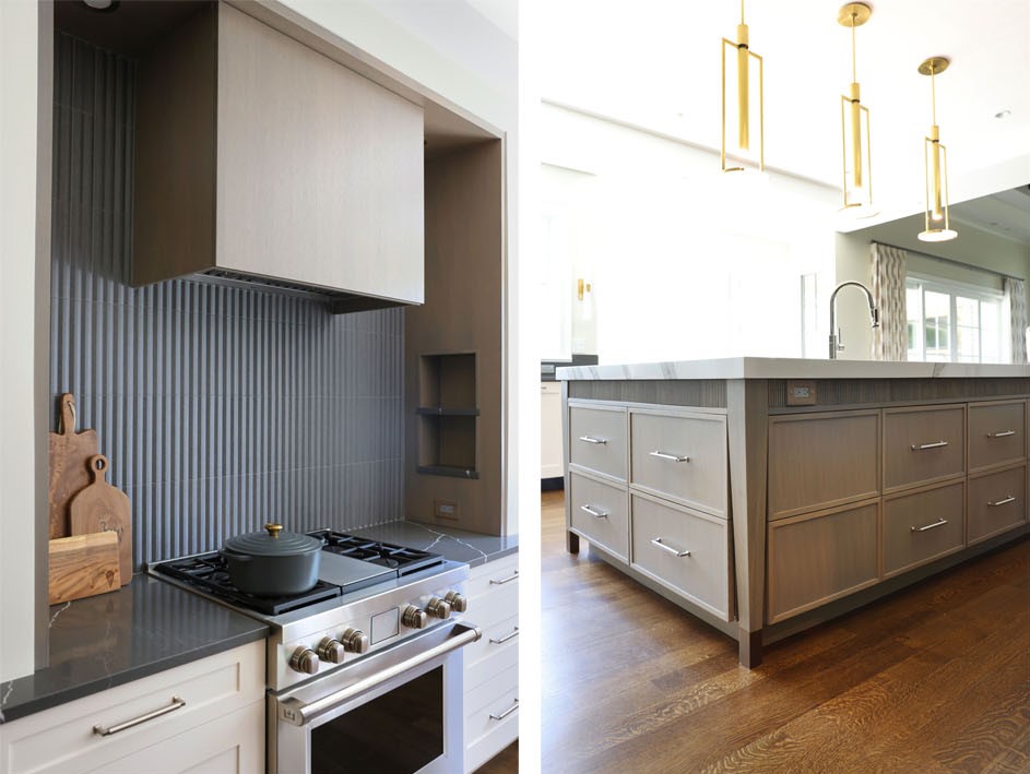 Left photo shows rift cut white oak range hood, right photo shows white oak island with white countertop and gold hardware