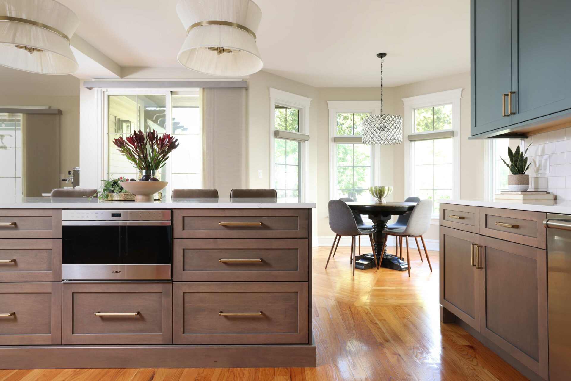 Stained kitchen island with drawers