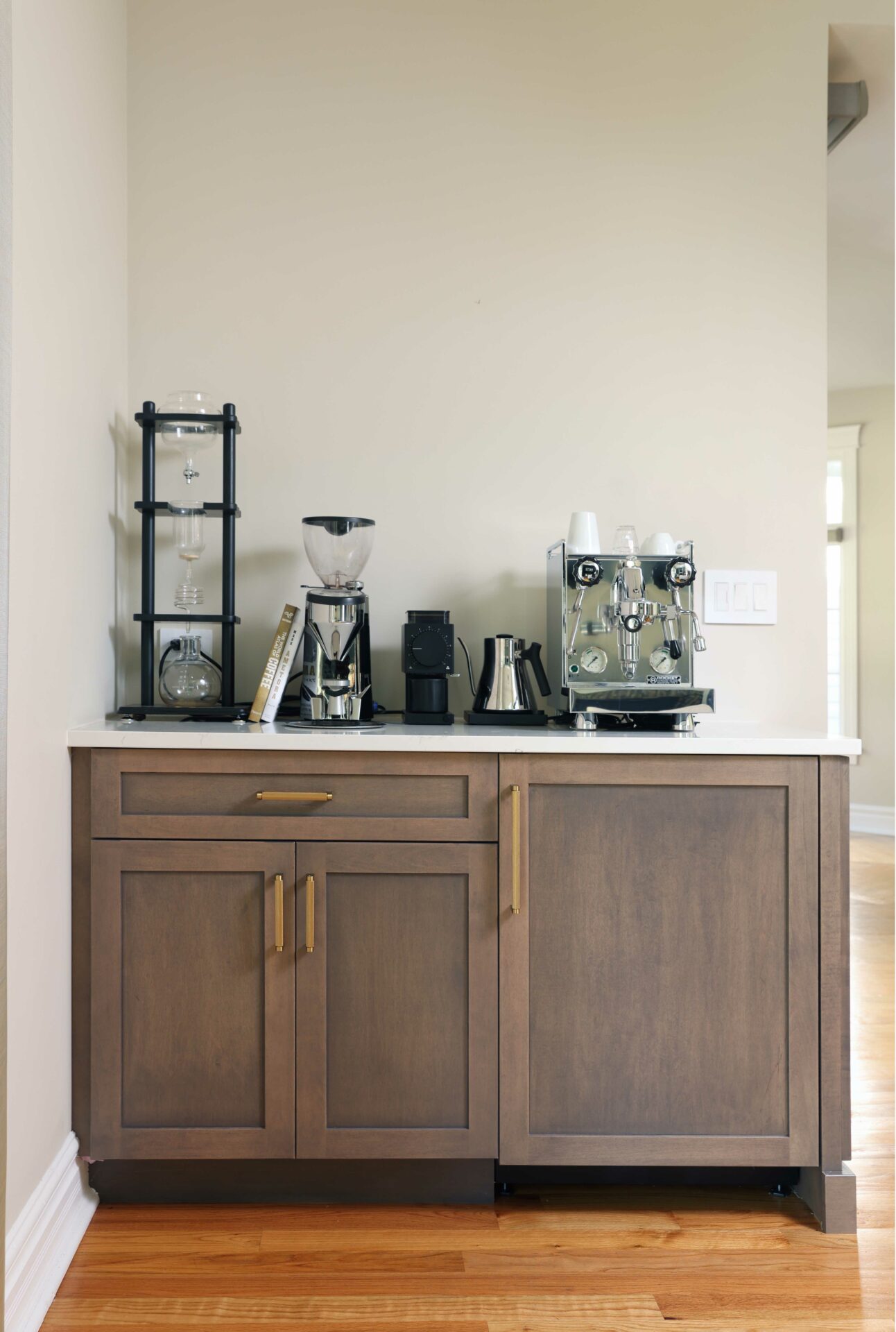 Coffee bar with stained cabinets