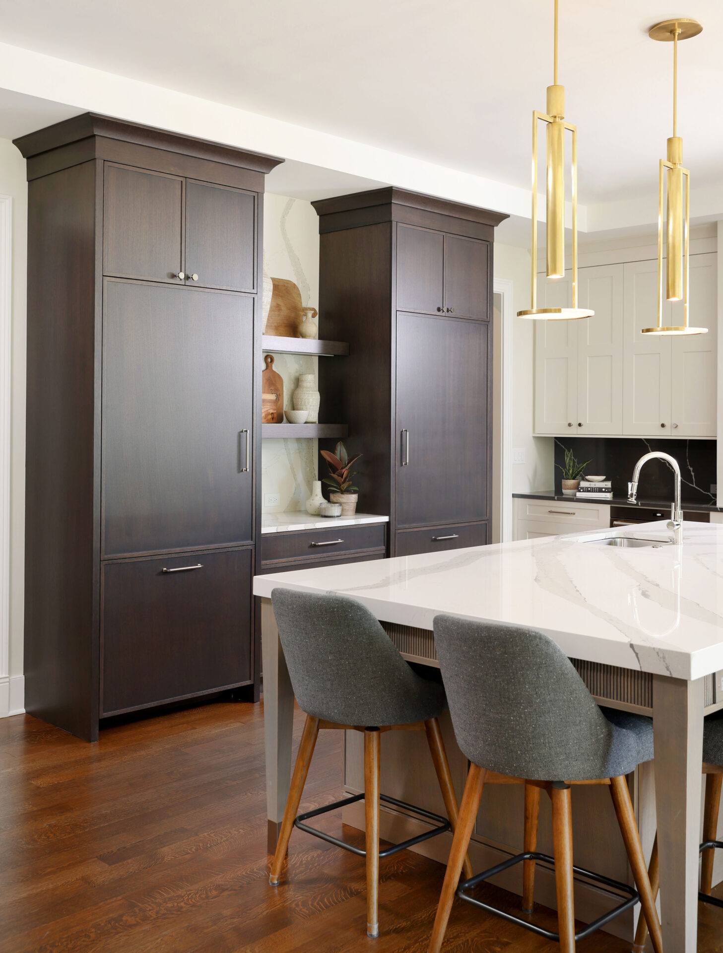 Refrigerator armoires in dark stained rift cut white oak