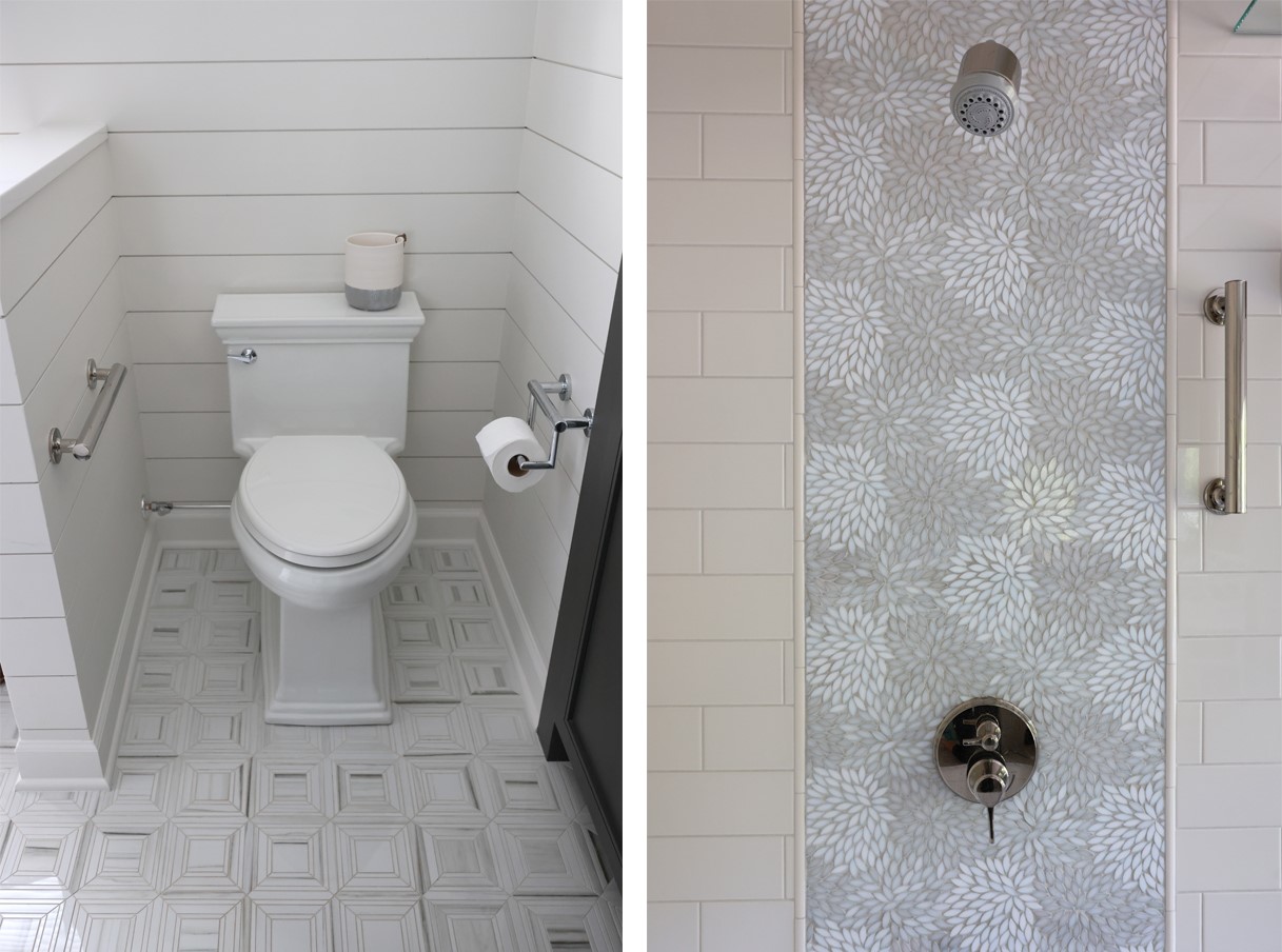 Left photo shows a white toilet with a hybrid toilet paper holder/grab bar design to its right, and a another stainless steel grab bar/towel holder to its left. The right photo shows a shower with two-tone decorative gray and white tile with a vertical stainless steel grab bar on the right 